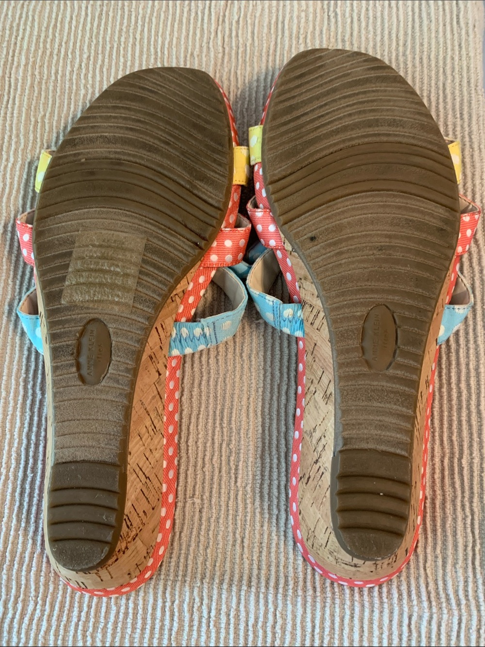 Anne Klein Polka Dot Bow Sandals in Coral, Blue & Yellow - Picture 7 of 7